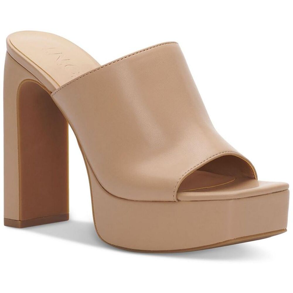 INC Womens Rali Beige Faux Leather Slip On Slide Platform Sandals Shoes NWOB